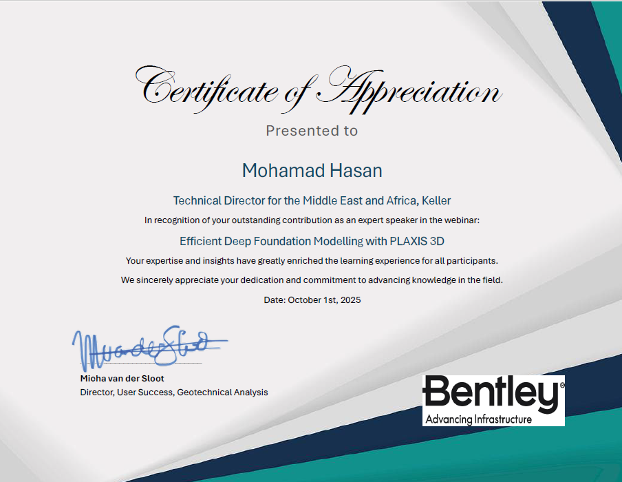 Certificate of appreciation received from Bentley